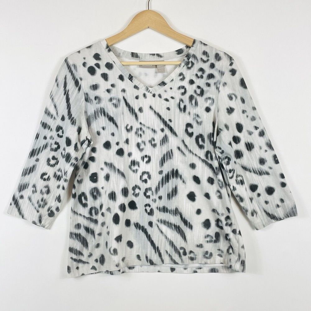 Chico's Tee Womens 1 Medium White Black Leopard Safari‎ Top Artsy Avant Garde